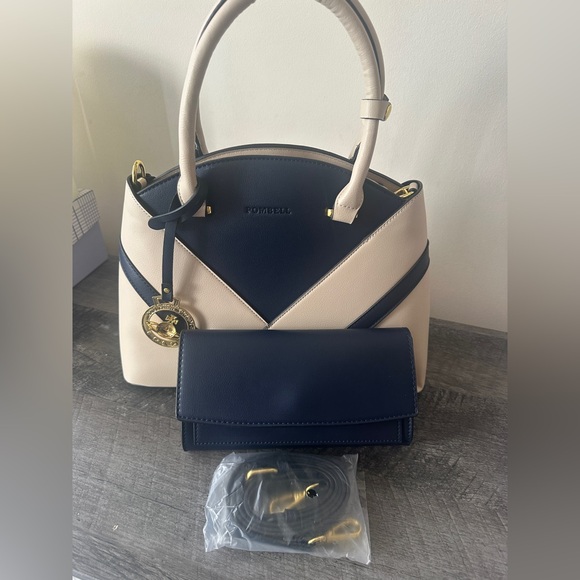 Handbags - Pompeii Colorblock Navy & Cream Satchel + Matching Clutch (NWT)